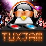 tuxjam logo with Tux wearing a pair of headphones on a turntable mixing desk.