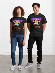 Two models sporting black t-shirts bearing the TuxJam logo. Image taken from the TuxJam Redbubble shop.